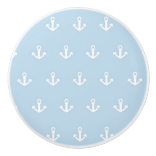 Bouton De Porte En Céramique Motif avec les ancres blanches sur le bleu