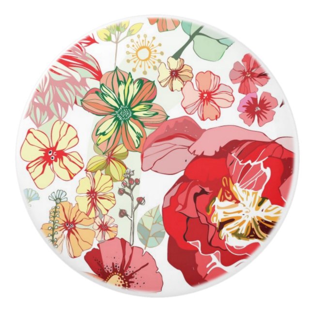 Bouton De Porte En Céramique Motif avec les fleurs rouges (Devant)