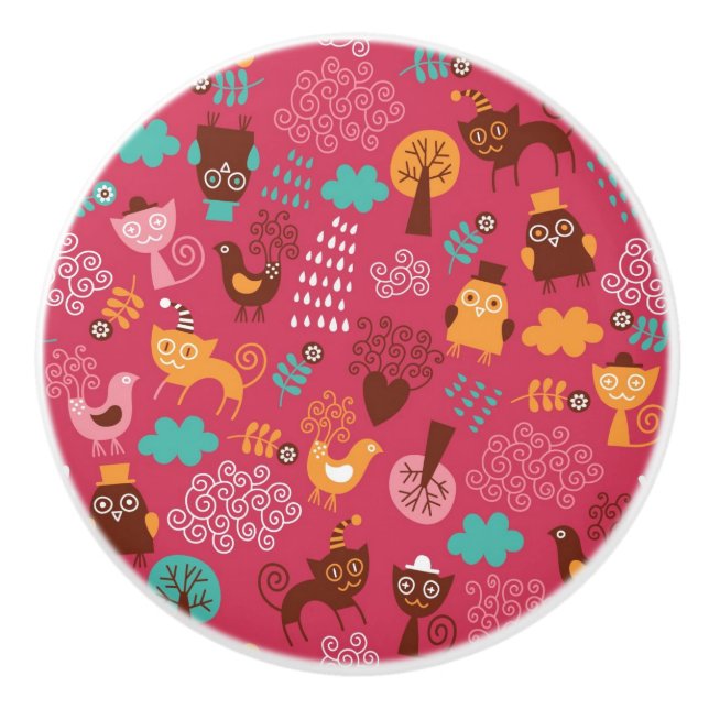 Bouton De Porte En Céramique Motif avec les oiseaux et les chats mignons (Devant)