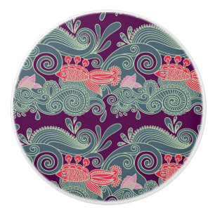 Bouton De Porte En Céramique Motif avec les poissons et la vague pourpre