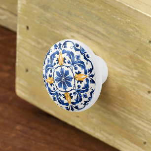 Bouton De Porte En Céramique Motif Azulejo Portugais Bleu Blanc Jaune