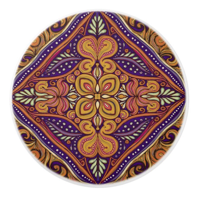 Bouton De Porte En Céramique Motif Batik Bleu jaune (Devant)