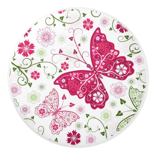 Bouton De Porte En Céramique Motif blanc floral (Devant)