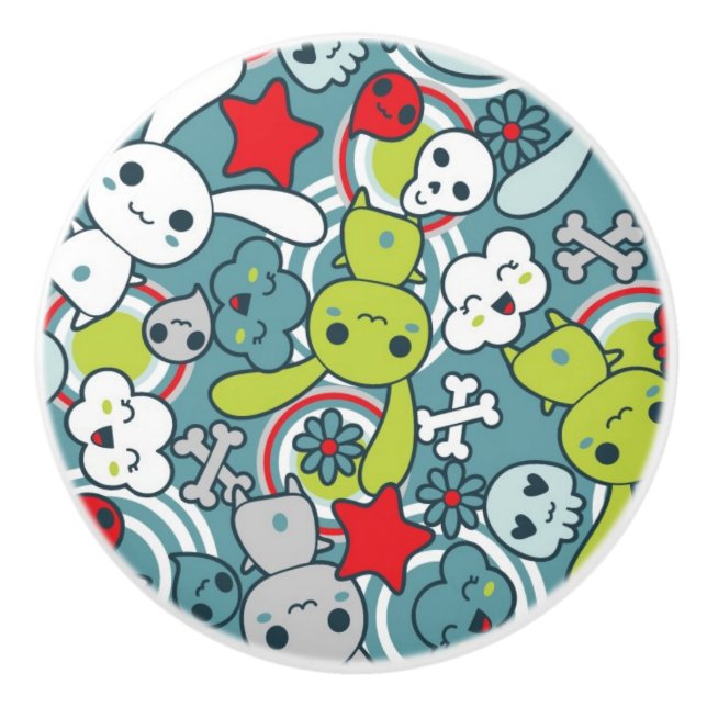Bouton De Porte En Céramique motif bleu de kawaii (Devant)