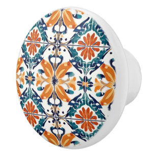 Bouton De Porte En Céramique Motif bleu jaune et orange 