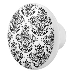Bouton De Porte En Céramique Motif bohème floral damassé noir et blanc élégant