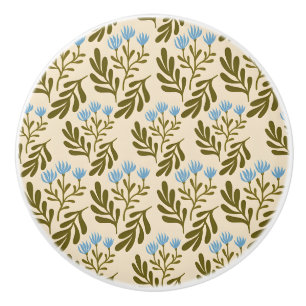 Bouton De Porte En Céramique Motif botanique de couleur bleue de style vintage 