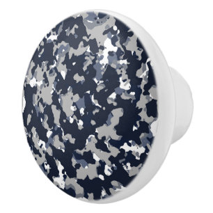 Bouton De Porte En Céramique Motif Camo Camouflage Gris Bleu Blanc