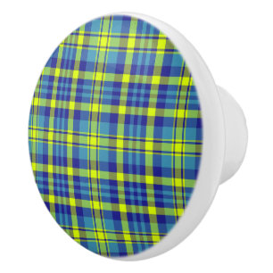 Bouton De Porte En Céramique Motif carreaux tartan bleu classique