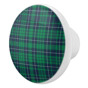 Bouton De Porte En Céramique Motif carreaux tartan vert classique
