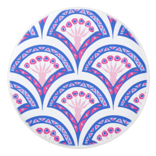 Bouton De Porte En Céramique motif damassé floral bleu