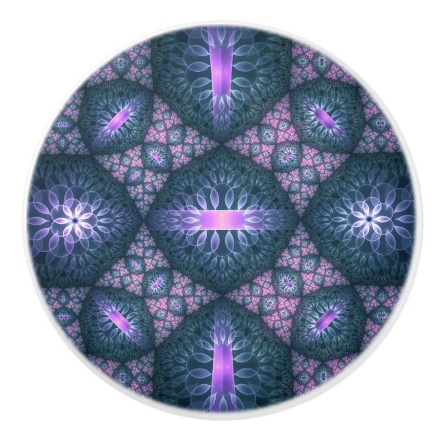 Bouton De Porte En Céramique motif d'art fractal 3D Turquoise violet rose (Devant)