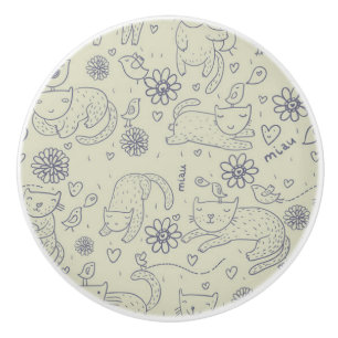 Bouton De Porte En Céramique Motif de bande dessinée avec les chats drôles