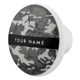 Bouton De Porte En Céramique Motif de camouflage gris, Votre nom, Personnaliser