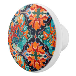 Bouton De Porte En Céramique Motif de carreau marocain à l'aquarelle coloré