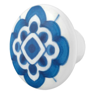 Bouton De Porte En Céramique Motif de carreaux bleu azulejos Vintage