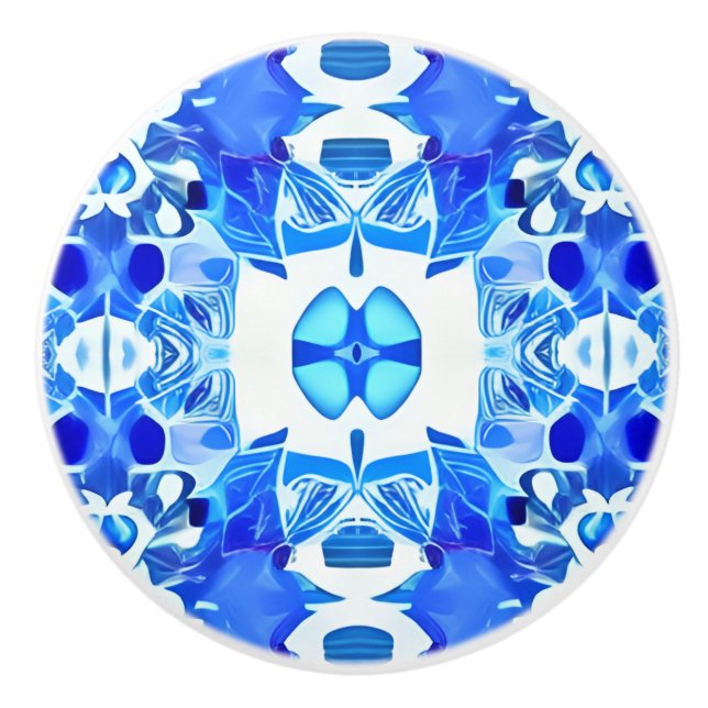Bouton De Porte En Céramique Motif de carreaux Bleu et Blanc Cobalt (Devant)