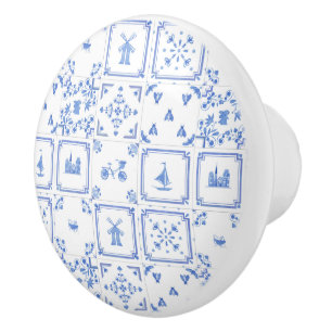 Bouton De Porte En Céramique Motif de carreaux de Delft à l'aquarelle bleue et