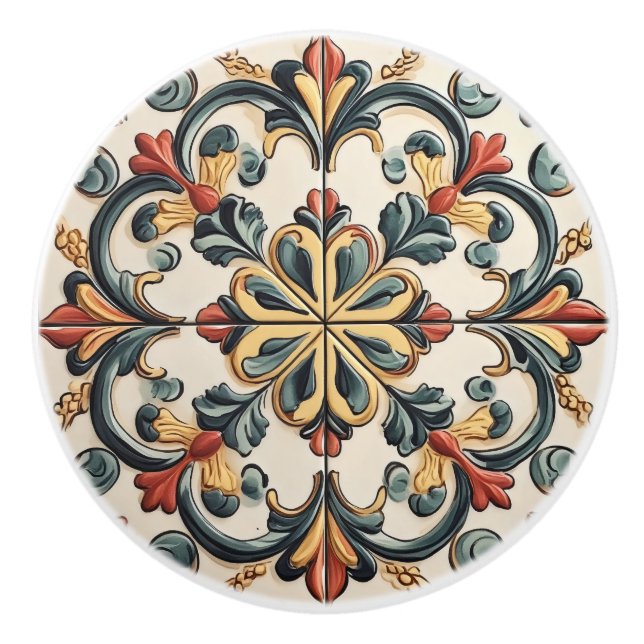 Bouton De Porte En Céramique Motif de carrelage floral clair (Devant)
