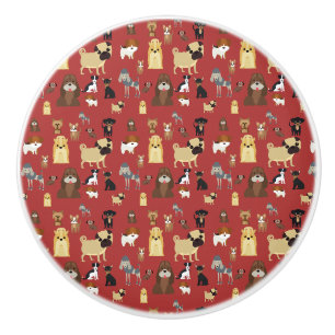 Bouton De Porte En Céramique motif de chiens arrière - plans rouges.