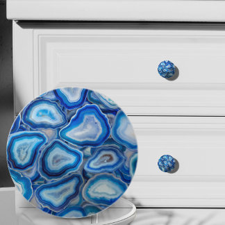 Bouton De Porte En Céramique Motif de cristaux de géodes d'agate bleue