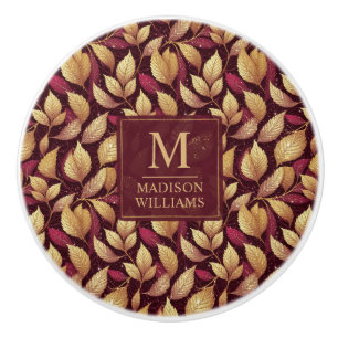 Bouton De Porte En Céramique Motif de feuilles d'automne pailletées rouge borde