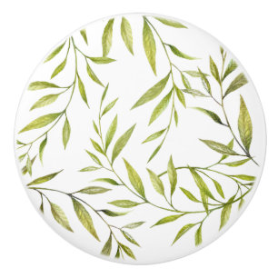Bouton De Porte En Céramique Motif de feuilles de laurier vert doré à l'aquarel