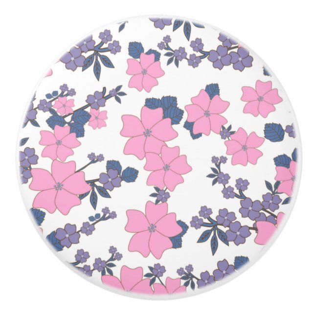 Bouton De Porte En Céramique Motif DE FLEURS ROSE ET PURPLE (Devant)