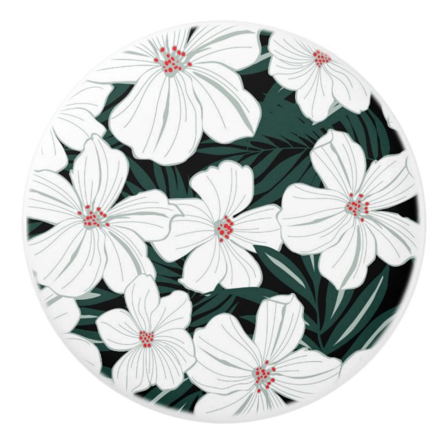 Bouton De Porte En Céramique Motif de fleurs tropical blanc (Devant)