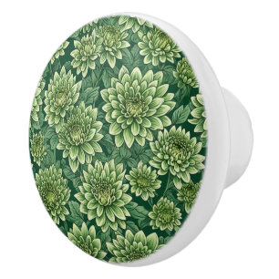 Bouton De Porte En Céramique Motif de fleurs vert Chrysanthemum