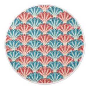 Bouton De Porte En Céramique Motif de la queue de paon rouge et bleu