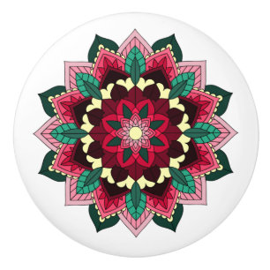 Bouton De Porte En Céramique Motif de mandala 02 en rose profond