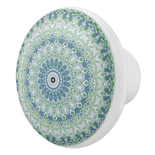 Bouton De Porte En Céramique Motif de mandala côtier bleu et vert de mer