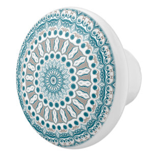 Bouton De Porte En Céramique Motif de mandala décoratif sarcelle et beige