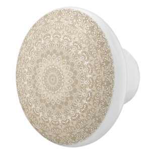 Bouton De Porte En Céramique Motif de mandala ornemental kaki et blanc