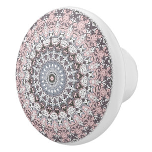 Bouton De Porte En Céramique Motif de mandala rose et blanc