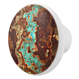 Bouton De Porte En Céramique Motif de marbre Brown Aqua Turquoise Green Geode