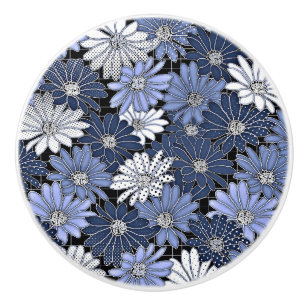 Bouton De Porte En Céramique Motif de marguerite bleu et blanc