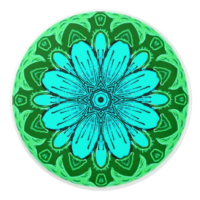 Bouton De Porte En Céramique Motif de marguerite géométrique en Turquoise et Ve (Devant)