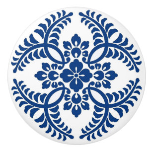 Bouton De Porte En Céramique Motif de médaillon, bleu de cobalt et blanc