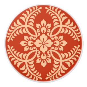 Bouton De Porte En Céramique Motif de médaillon japonais, orange mandarine