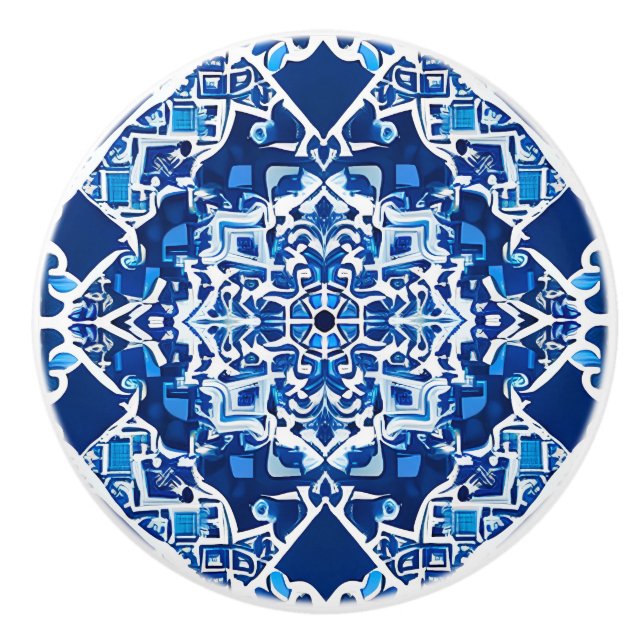 Bouton De Porte En Céramique Motif de mosaïque en Indigo et Cobalt Blue (Devant)
