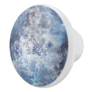 Bouton De Porte En Céramique Motif de Noël bleu texturé de glace et de neige