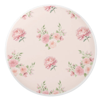 Bouton De Porte En Céramique Motif de pivoine rose et de rose