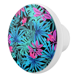 Bouton De Porte En Céramique Motif de plante tropicale en céramique rose néon e