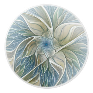 Bouton De Porte En Céramique Motif de rêve floral Abstrait Bleu Kaki Fractal