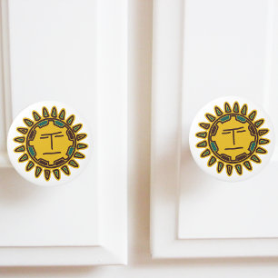 Bouton De Porte En Céramique Motif de soleil jaune aztèque