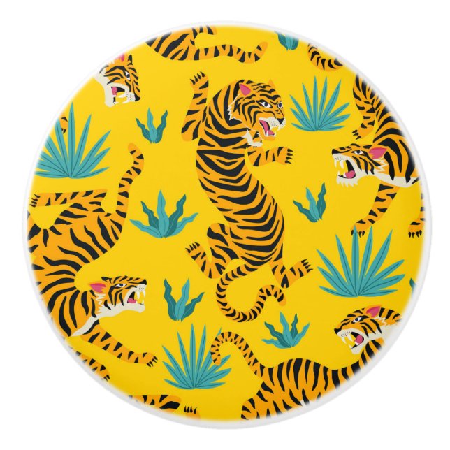 Bouton De Porte En Céramique Motif de tigre d'or asiatique (Devant)