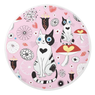 Bouton De Porte En Céramique motif des chats et des fleurs