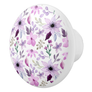 Bouton De Porte En Céramique Motif élégant de fleurs roses et violettes
